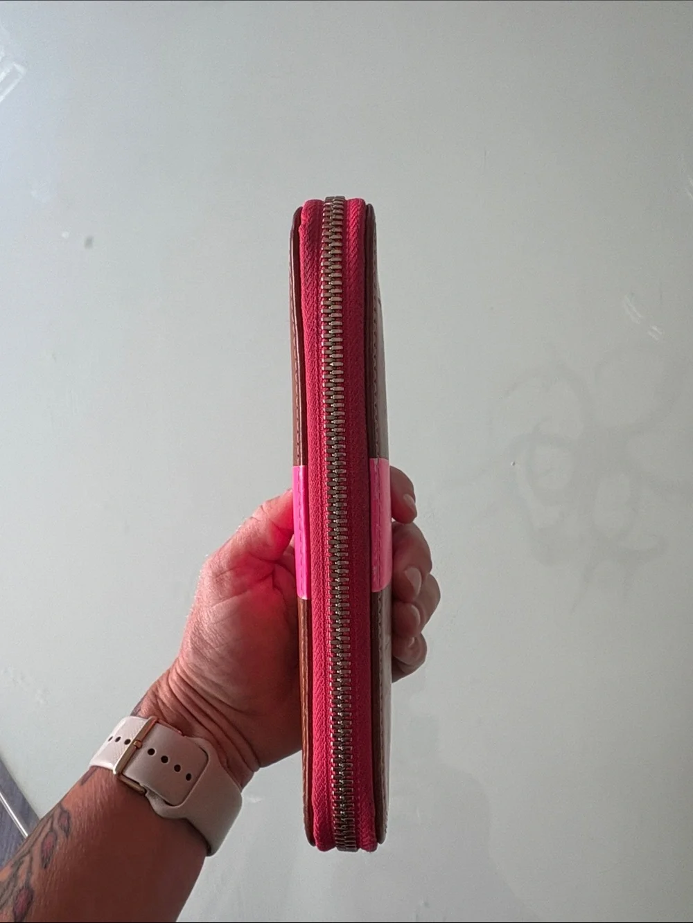 Clare V Brown Leather Zip Wallet with Bright Pink Center Stripe